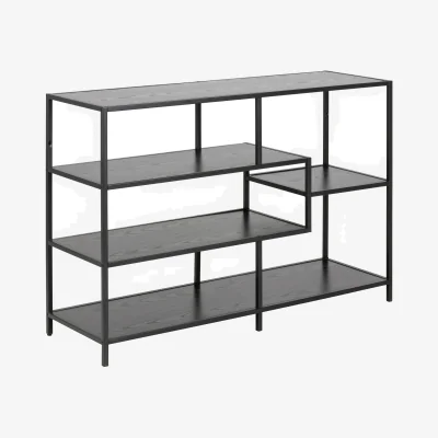 The Range Seaford Wide Black Metal Bookcase with 4 Black Oak Shelves - Black