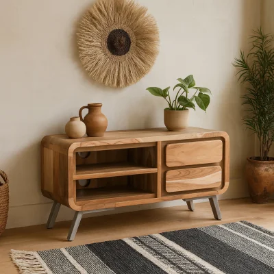 The Range Los Angeles Reclaimed Wood and Metal TV Cabinet 2 Shelves 2 Drawers - Brown