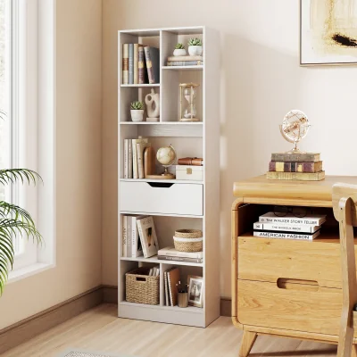 The Range Tall Freestanding Bookshelf with Drawer And Open Cubes-Brown - White