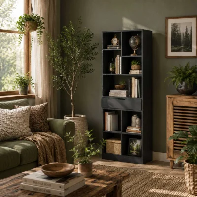 The Range Farama Metal and Wood Black Tall Freestanding Bookcase with Drawer Storage