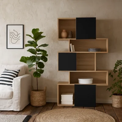 The Range Taichung Hickory Effect and Asymmetrical Bookcase 5 Shelves - Natural and Black
