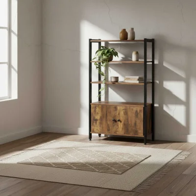 The Range Reneco Metal and Wood 3-Tier Industrial Bookshelf with Doors - Rustic Brown