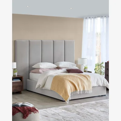 Danetti Penelope light grey recycled velvet super king ottoman bed with 5 panel headboard