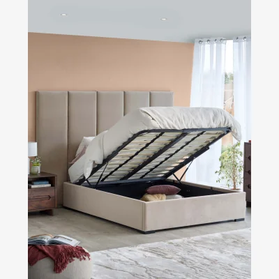 Danetti Penelope champagne recycled velvet super king ottoman bed with 5 panel headboard