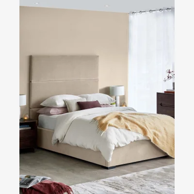 Danetti Penelope champagne recycled velvet king size ottoman bed with 3 panel headboard