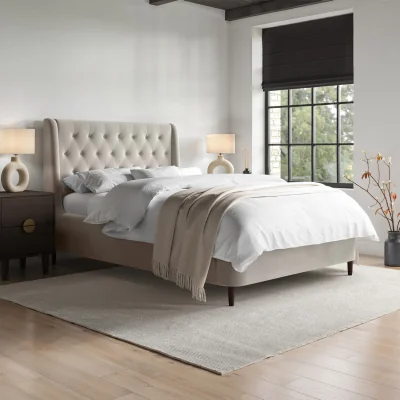 Furniture123 Beige Velvet Small Double Ottoman Bed With Legs - Amara