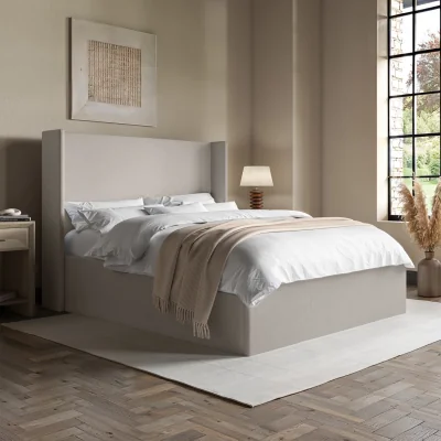 Furniture123 Grey Chenille King Size Ottoman Bed with Winged Headboard - Loxley