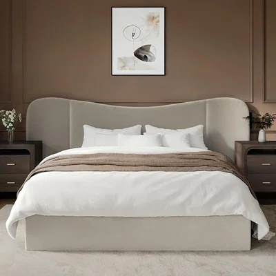 Furniture123 Beige Velvet King Size Ottoman Bed with Curved Wide Headboard - Samara