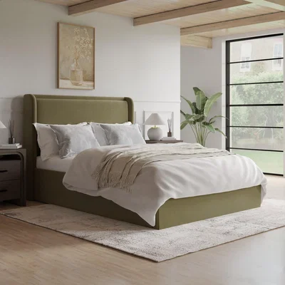 Furniture123 Moss Green Velvet Double Ottoman Bed with Cushioned Headboard - Frida