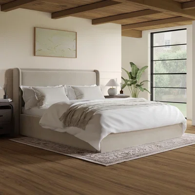 Furniture123 Beige Velvet Super King Ottoman Bed with Cushioned Headboard - Frida