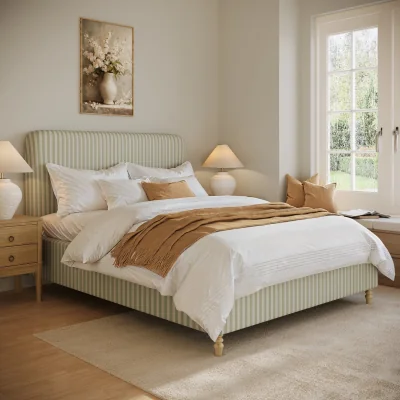 Furniture123 Sage Striped Chenille King Size Ottoman Bed with Curved Headboard - Farrow
