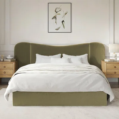 Furniture123 Moss Green Velvet Double Ottoman Bed with Wide Curved Headboard - Samara
