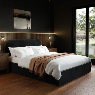 Furniture123 King Size Black Velvet Upholstered Ottoman Bed with Curved Headboard - Zara