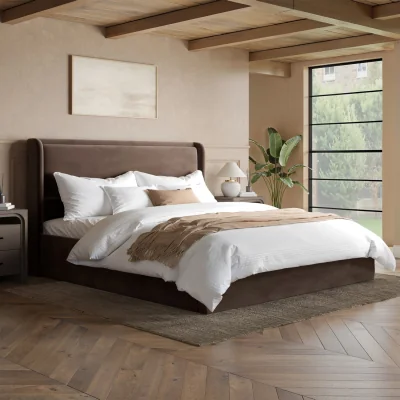Furniture123 Chocolate Brown Velvet Super King Ottoman Bed with Cushioned Headboard - Frida