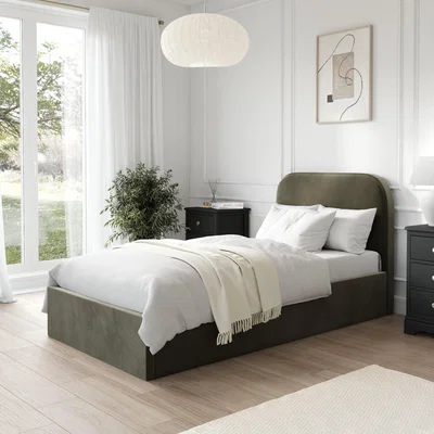 Furniture123 Khaki Green Velvet Single Ottoman Bed Frame - Zara