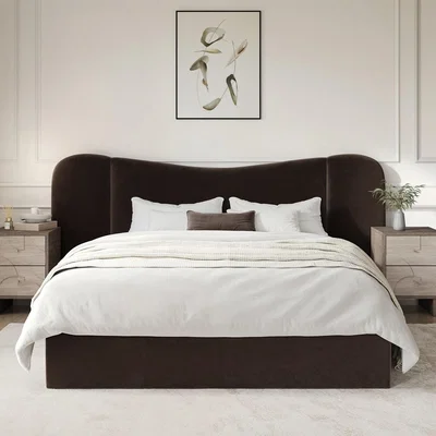 Furniture123 Brown Velvet Double Ottoman Bed with Wide Curved Headboard - Samara