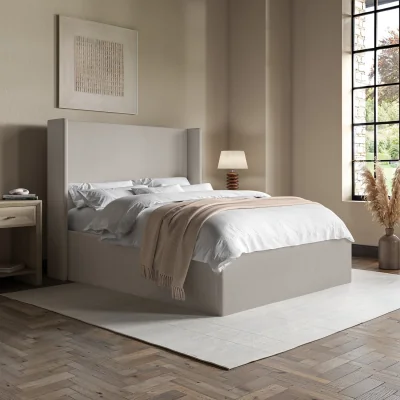 Furniture123 Grey Chenille Small Double Ottoman Bed with Winged Headboard - Loxley