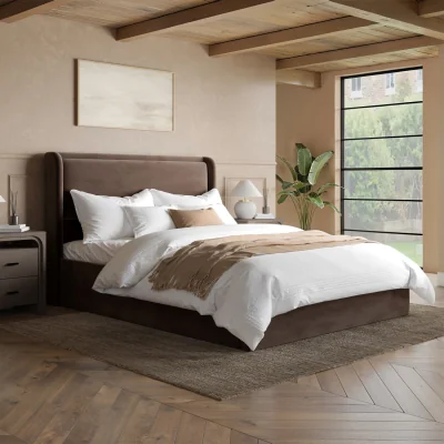 Furniture123 Chocolate Brown Velvet King Size Ottoman Bed with Cushioned Headboard - Frida