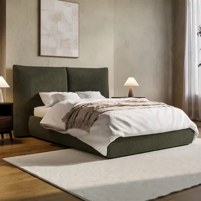 Furniture123 Green Chenille Double Ottoman Bed with Pillow Headboard - Dune