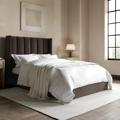 Furniture123 Chocolate Brown Velvet Small Double Ottoman Bed With Winged Headboard - Maddox