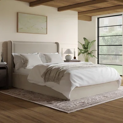Furniture123 Beige Velvet King Size Ottoman Bed with Cushioned Headboard - Frida