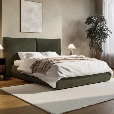 Furniture123 Green Chenille King Size Ottoman Bed with Pillow Headboard - Dune