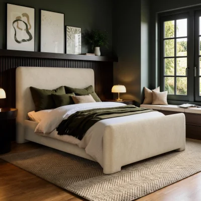 Furniture123 Beige Upholstered Double Ottoman Bed with Soft Curved Headboard and Footboard - Althea