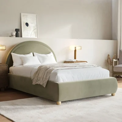 Furniture123 Sage Green Velvet Small Double Ottoman Bed with Curved Headboard - Nora