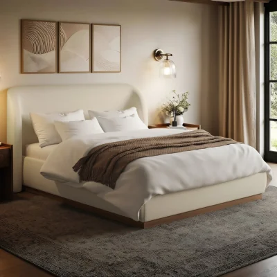 Furniture123 Cream Upholstered King Size Ottoman Bed with Curved Headboard - Adelyn