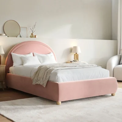 Furniture123 Pink Velvet Small Double Ottoman Bed with Curved Headboard - Nora