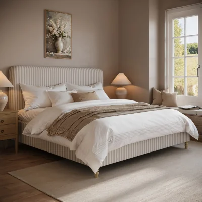 Furniture123 Cream Striped Chenille Super King Ottoman Bed with Curved Headboard - Farrow