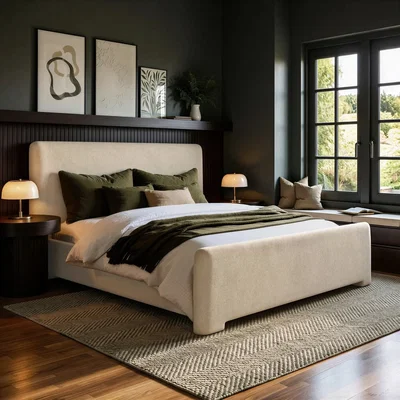 Furniture123 Beige Upholstered Super King Ottoman Bed with Soft Curved Headboard and Footboard - Althea