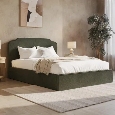 Furniture123 Green Chenille King Size Ottoman Bed with Scalloped Headboard - Siena