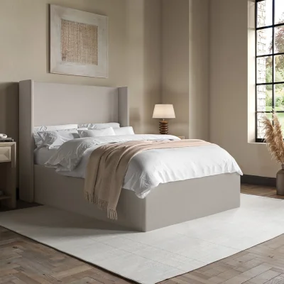 Furniture123 Grey Chenille Double Ottoman Bed with Winged Headboard - Loxley