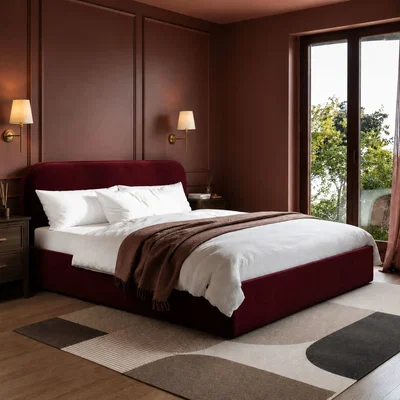 Furniture123 Burgundy Velvet Upholstered Super King Ottoman Bed with Curved Headboard - Zara