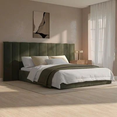 Furniture123 Olive Green Velvet King Size Ottoman Bed with Wide Headboard - Iman