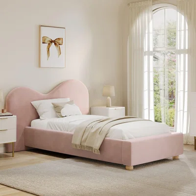 Furniture123 Pink Velvet Single Ottoman Bed with Wide Curved Headboard - Aria