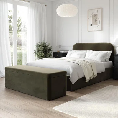 Furniture123 Khaki Green Velvet Double Ottoman Bed Frame with Blanket Box - Zara