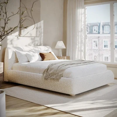 Furniture123 Cream Jacquard Fabric Double Side-Lift Ottoman Bed with Cushioned Headboard - Ciara