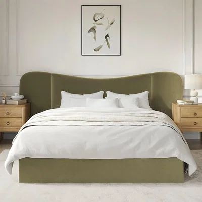 Furniture123 Moss Green Velvet King Size Ottoman Bed with Wide Curved Headboard - Samara