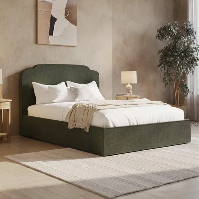 Furniture123 Green Chenille Double Ottoman Bed with Scalloped Headboard - Siena