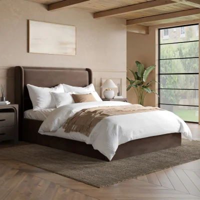 Furniture123 Chocolate Brown Velvet Double Ottoman Bed with Cushioned Headboard - Frida