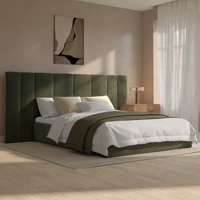 Furniture123 Olive Green Velvet Double Ottoman Bed with Wide Headboard - Iman