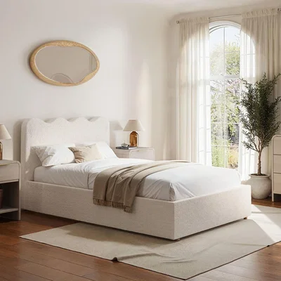 Furniture123 Off-White Boucle Small Double Ottoman Bed with Scalloped Headboard - Boba