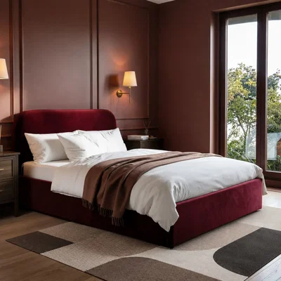 Furniture123 Burgundy Velvet Upholstered Double Ottoman Bed with Curved Headboard - Zara