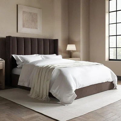 Furniture123 Chocolate Brown Velvet Double Ottoman Bed With Winged Headboard - Maddox