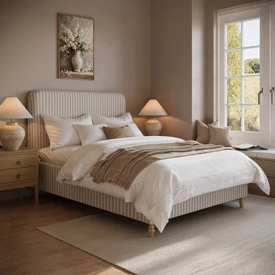 Furniture123 Cream Striped Chenille Double Ottoman Bed with Curved Headboard - Farrow