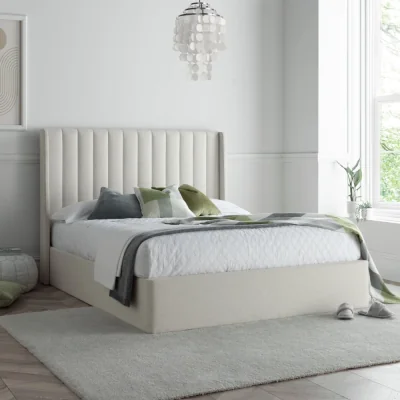 Happy Beds Harper -  Super King Size - Winged Ottoman Storage Bed - Natural - Fabric - 6ft - Happy Beds