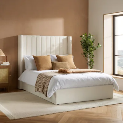 Happy Beds Maisey - Double - Ottoman Storage Bed - White - Boucle Fabric - 4ft6