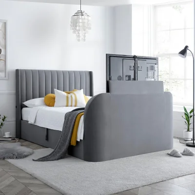 Happy Beds Luther - Double - Electric Winged Ottoman Storage TV Bed - Grey - Velvet - 4ft6 - Happy Beds